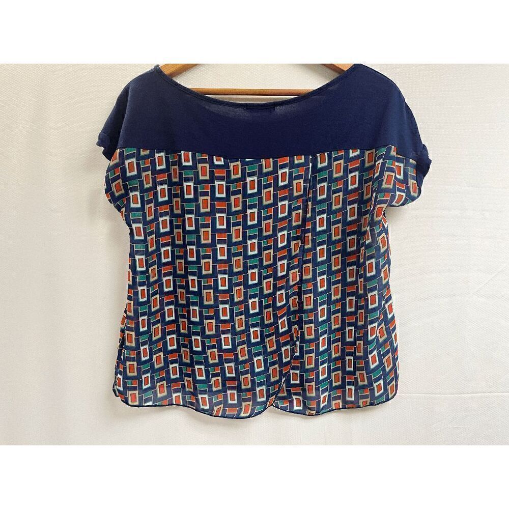 Edge Womens Short Sleeve Blouse Blue Geometric 100% Polyester Size Small